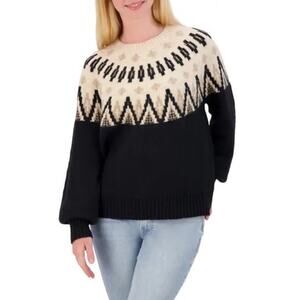Lucky Brand Fair Isle Sweater Black & Cream Women's Size Large Fishermancore